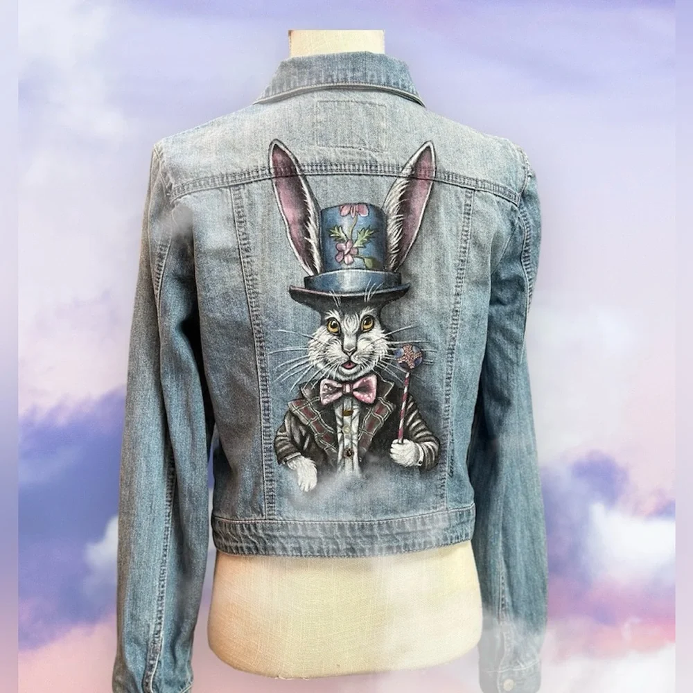American Rag handpainted denim jean jacket Easter bunny rabbit sz LG girls OOAK - Picture 4 of 13